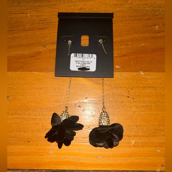 INC International Concepts Gold Black Flower Drop  Earrings with Crystals - Picture 3 of 4